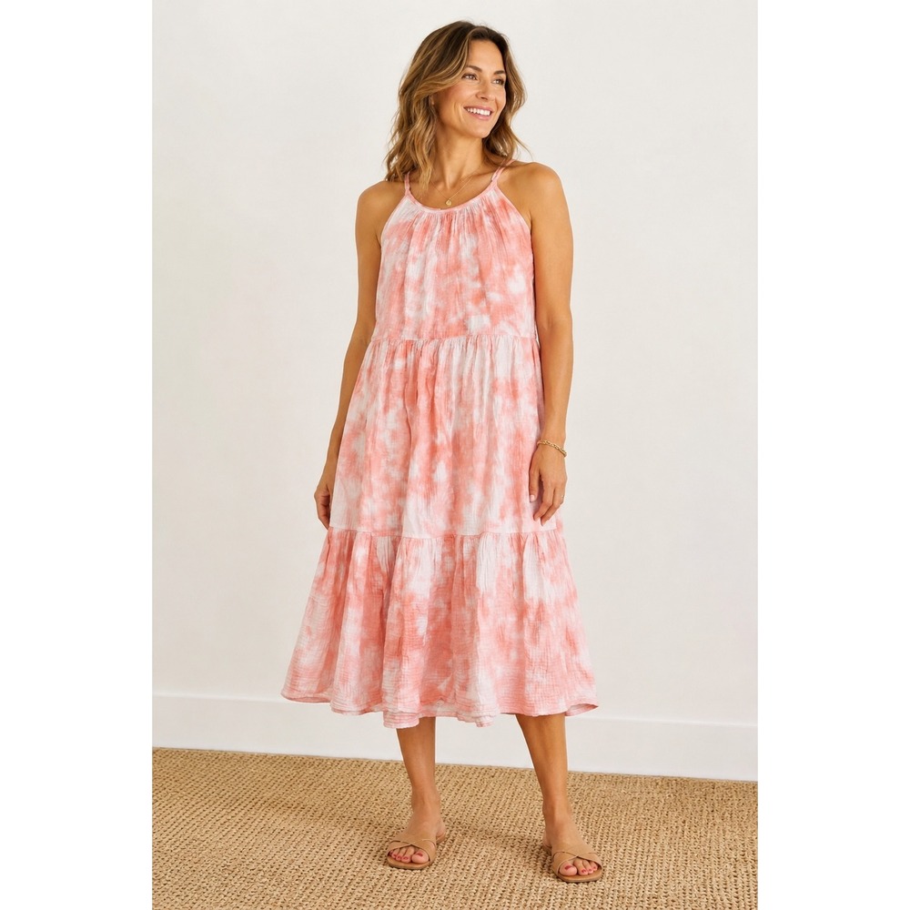 Magaschoni Maxi Dress S Pink Tie Dye Organic Cotton Tiered Gauze Boho Summer